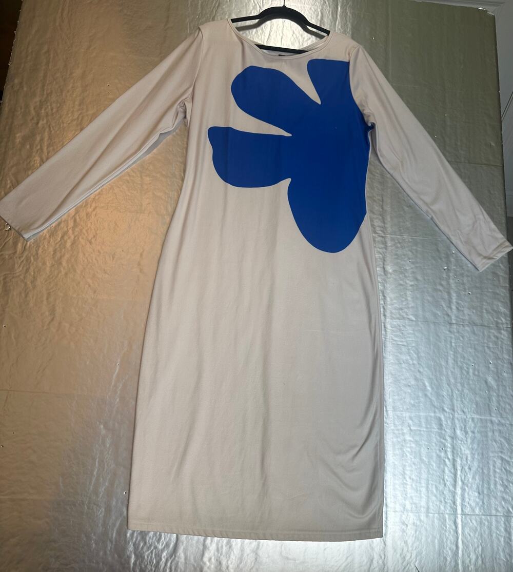 StyleWe 2XL Cream Blue Abstract Print Midi Sheath Dress Long Sleeve